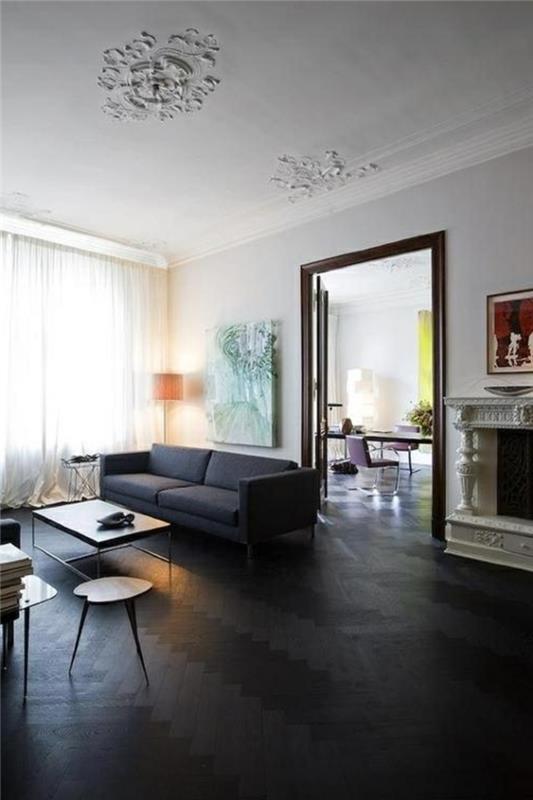 parketas-noir-savo-noir-parketas-moderniam-gyvenamajam kambariui-su-gražiomis dekoravimo lubomis