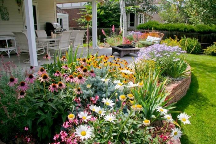bir terasın yanında papatyalar ve diğer çiçeklerle çiçeklik, çiçek bahçesi fikri