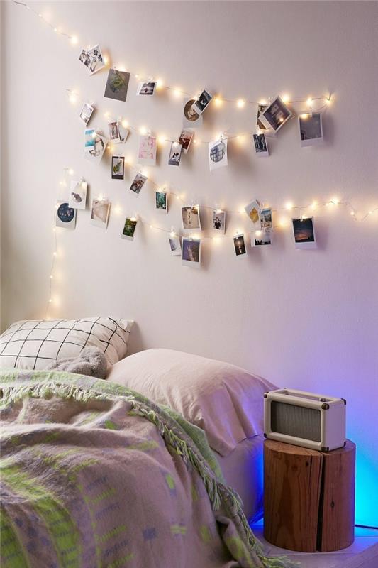 fotoğraflarla bir iç ışık çelenk nasıl kişiselleştirilir, yatağınızın üzerindeki alanı nasıl dekore edeceğinize dair fikir