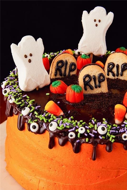 kolay cadılar bayramı pastası tatlı pasta kremalı portakal gıda boyası çikolata gözleri şeker serpiştirilmiş hayaletler