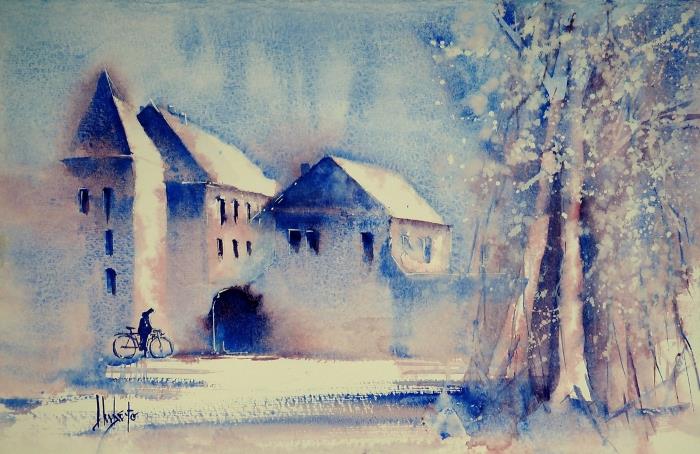 slikanje z akvarelom snežna pokrajina velike poezije v odtenkih modre in bledo rožnate