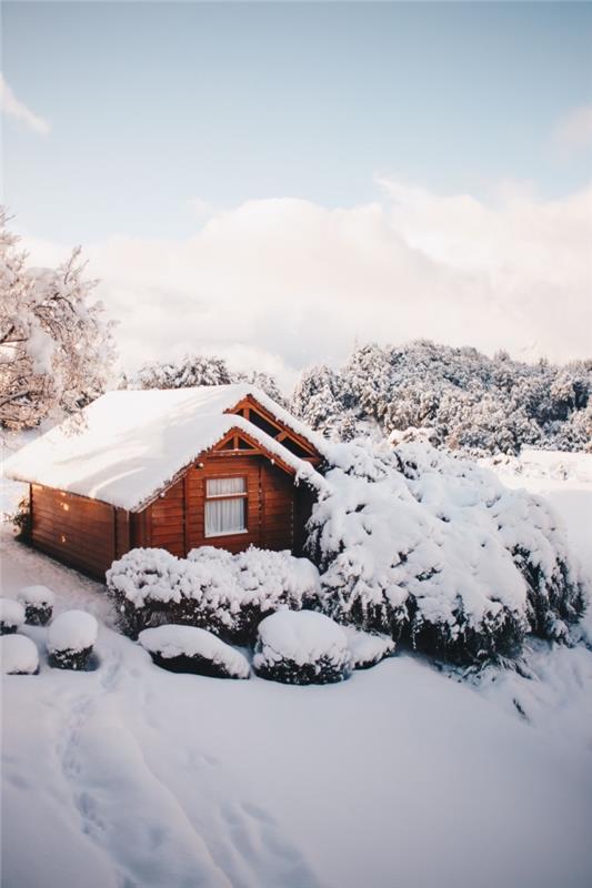 dağlarda rahat ahşap kabin fotoğrafı, karla kaplı ağaçlar ile bir ormanda kış manzarası