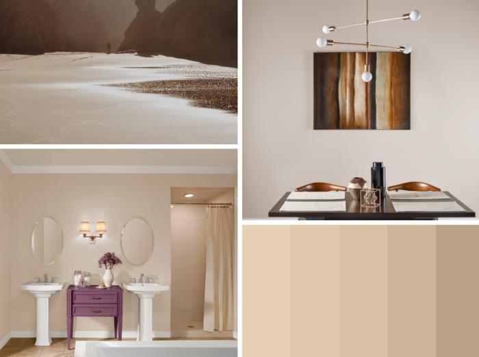 bež barvna kombinacija v dekorju, kopalnica z bež stenami z belim stropom, dekoracija prostora v nevtralnih barvah