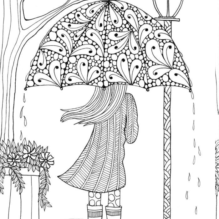 ideje za barvanje dežnikov mandala doodle art in dekle v telovniku, deževna pokrajina za barvanje