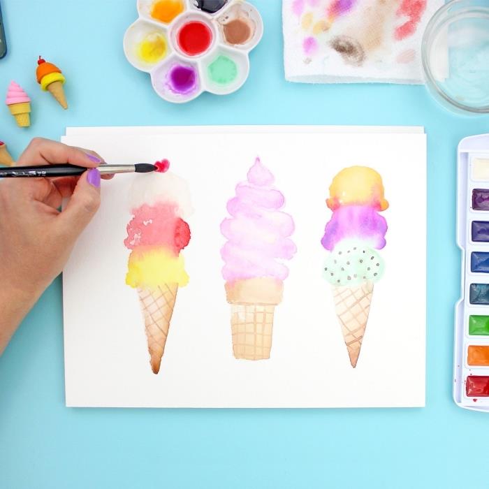 preprosta in hitra tehnika akvarela za barvanje zabavnih in barvitih sladoledov, vadnica za slikanje za začetek akvarela na zabaven in ustvarjalen način