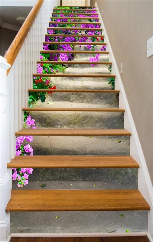 pobarvajte leseno ograjo stopnišča in lesene stopnice ozadje, prilepljeno na dvižne police