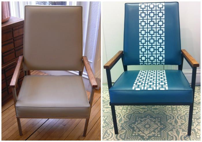 Öncesi ve sonrası için yenilenen bir koltuk görüntüsü, eski mobilyaların modernize edilmesi, vinil üzerine boyama, öncesi sonrası mobilya makyajı, hafif ahşapla kaplanmış siyah metal kolçaklar