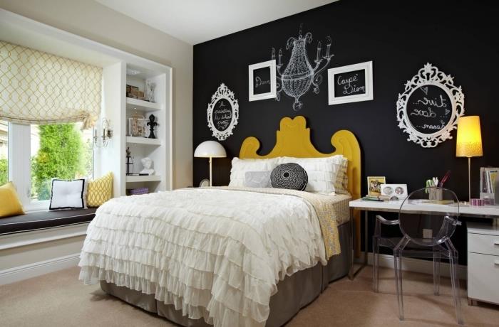 pobarvaj spalnico v dveh barvah skrilavca barva lesa vzglavje rumena barva dekorativni poudarki