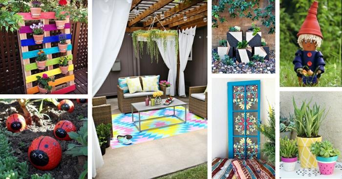 Modern teras dekorasyonu için DIY projeleri yaratıcı etkinlik, bahçe terası peyzaj tarzı dekorasyon renkli