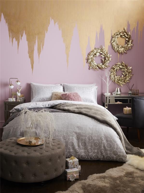 pembe yatak odası boyası renk fikirleri, altın metalik efektli duvar dekorasyonu, gri ve pembe yatak odası