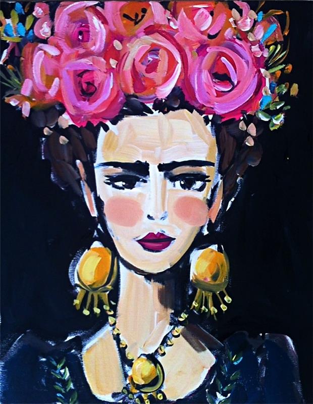 akrilikten yapılmış çiçek taçlı frida kahlo portresi, sanatsal ve çok renkli portre