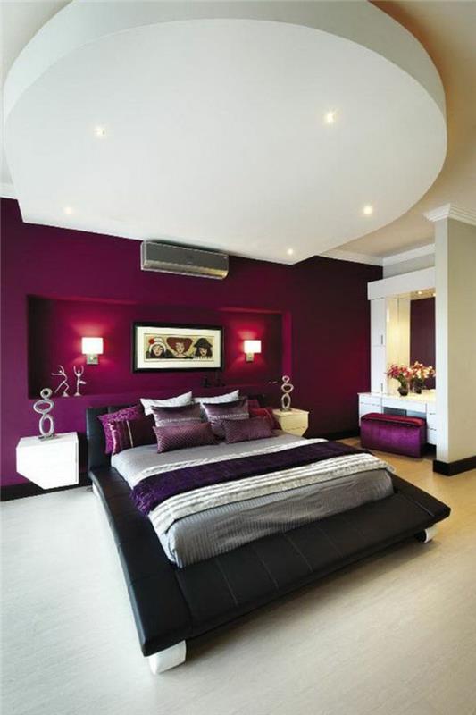 patlıcan boyama, yatak odası, erik renkli duvar, rons asma tavan, japon yatağı