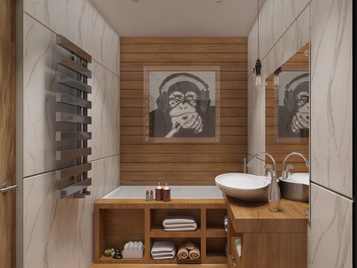 Majhna dekoracija mokrega prostora s kopalnico toaletnega prostora odprtega tipa iz svetlega lesa in belim umivalnikom