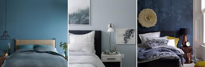 sodobna dekoracija spalnice s temno modrimi ali pastelno modrimi stenami, industrijsko razsvetljavo za viseče svetilke