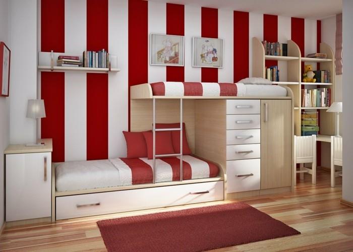 raudonai baltos spalvos rauyrues-miegamasis-dažai-dviaukštės lovos-puikus-deko-idėja