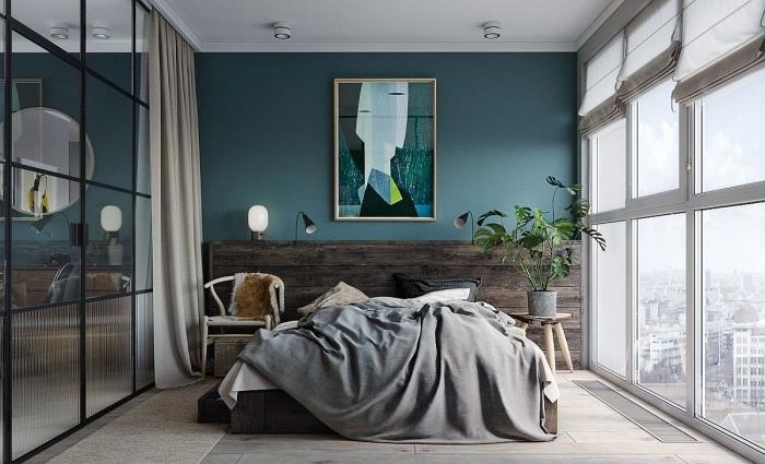 barva spalnice za odrasle 2 barvi notranje oblikovanje sodoben slog vzglavje lesena stena modro zelena siva poudarki