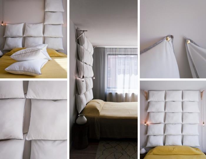 orijinal bir ev yapımı yatak başlığı fikri, yatak odasında bir yatağın üzerindeki duvar nasıl dekore edilir