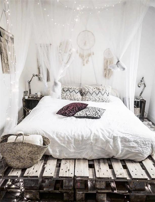 beyaz yatak odası boya gölgelik yatak dream catcher boho chic diy makrome aksesuar asılı etnik duvar dekoru