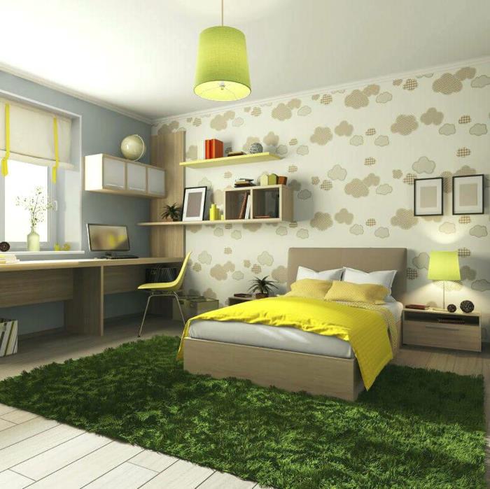 barva otroške sobe, zelena stropna svetilka, siva in rumena postelja, minimalistične police, dolga pisalna miza