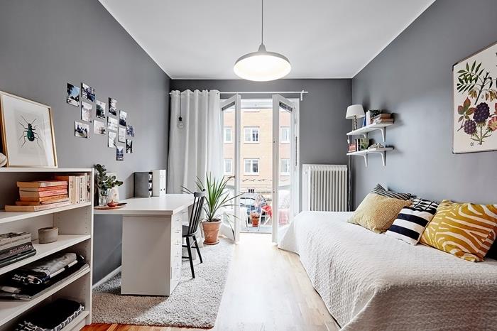 genç kız için boya yatak odası kömür gri beyaz tavan beyaz mobilya deco koza yatak sarı minderler zebra desenleri