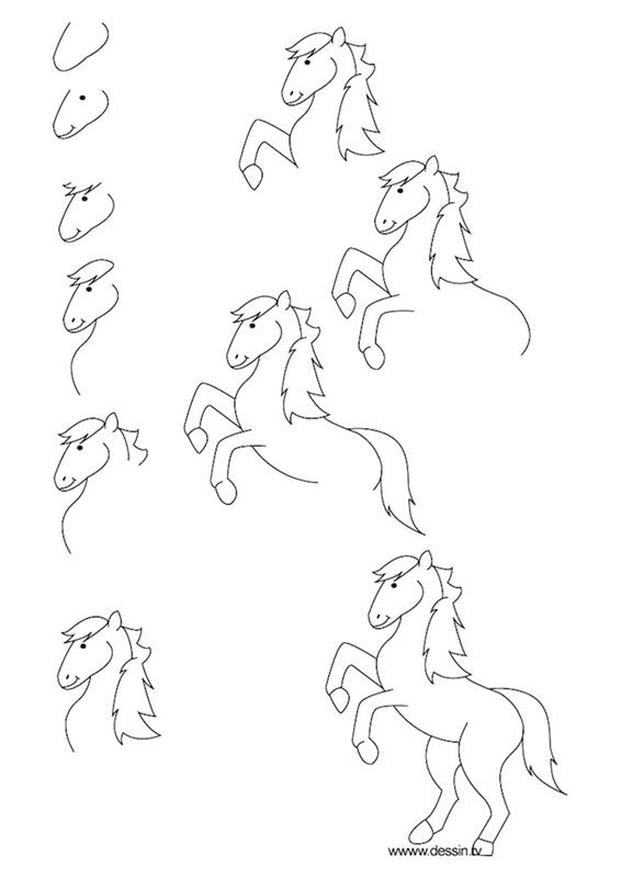Risanje konjev preprost korak za korakom, risanje otroških konjev, vadba risanja, skiciranje