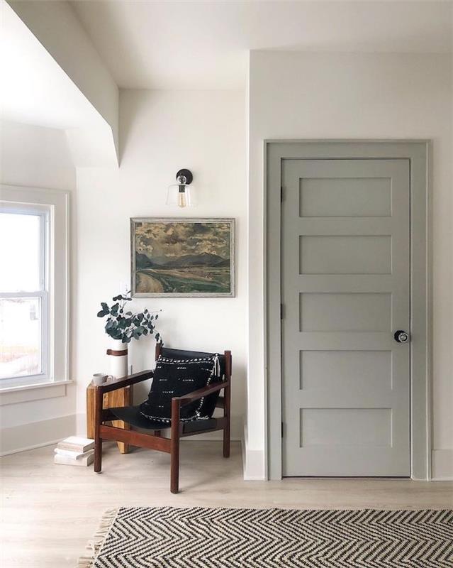 dar boya rengi beyaz duvarlar açık gri bir kapı ve yanında tahta bir sandalye