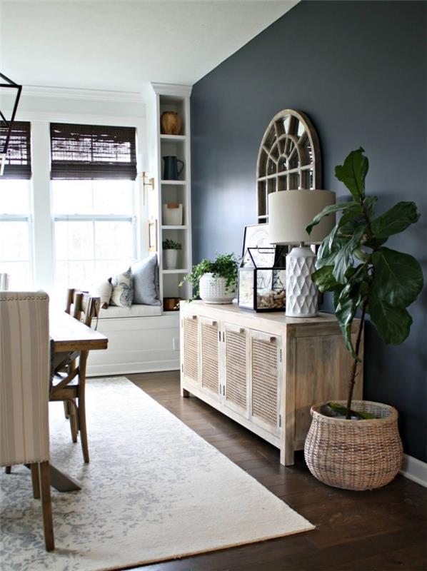 barva barva stena dnevna soba antracit sivo pohištvo ratana pletena prevleka za lonce zelene rastline okenske žaluzije