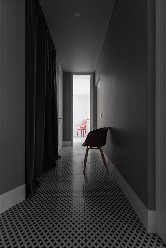 trezen in prefinjen dolg in ozek hodnik s črno -belo grafično podno, ki gleda na belo dnevno sobo
