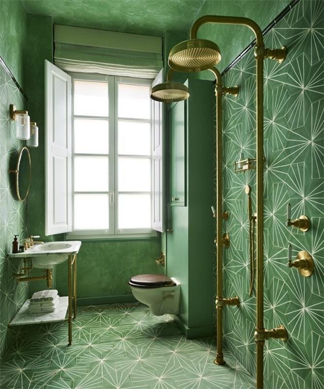 tamsiai žalios spalvos šlifuoto efekto dažai art deco plytelės žalvarinis dušo tualeto dubuo pakabinama siena šviesus stiklas ir žalvaris
