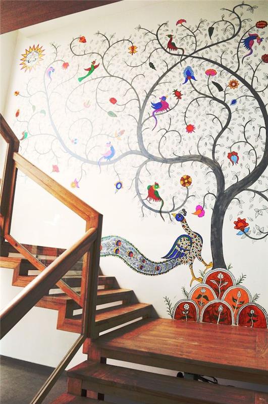 slikanje lesenega stopnišča pava in drugih ptic na drevesnem belem ozadju