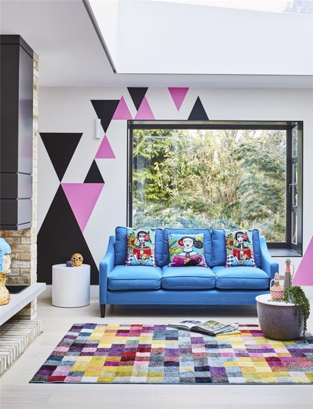 geometrijsko slikanje dnevna soba preproga vzorec ploščice večbarvna zofa modra miza kavarna beton trikotne oblike rožnato slikarstvo