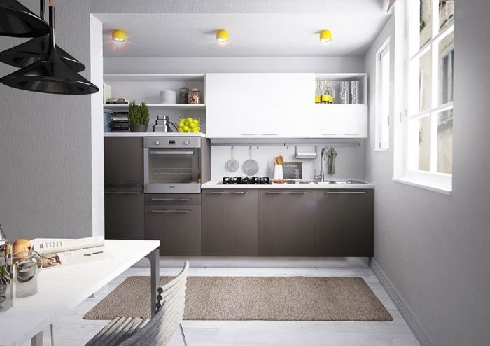 bir mutfağın duvarları için ne renk, antrasit gri ve paslanmaz çelik ekipmanlı baz üniteli beyaz mutfak modeli