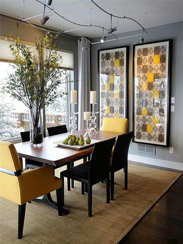 inci grisi yemek odası pop art gri sarı ve siyah beyaz dalgalı aydınlatma ile