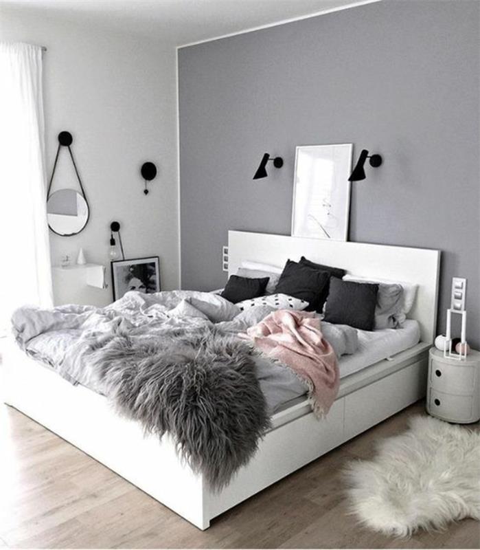 inci grisi renkli duvarlar çeşitli renklerde çift kişilik yataklı yatak odası tamamen beyaz