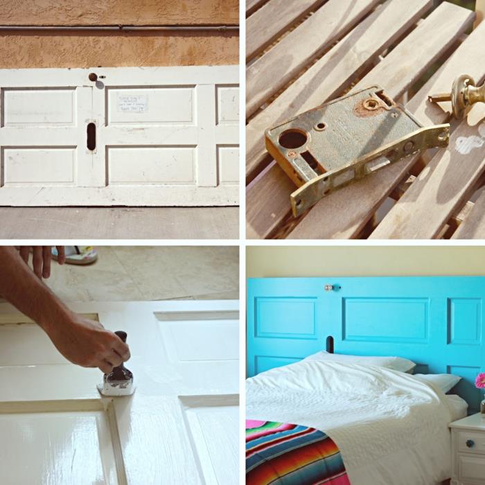 boya ile ahşap mobilya yenileme fikirleri, eski kapı ile ne yapılır, maviye boyanmış kapı karyola fikirleri