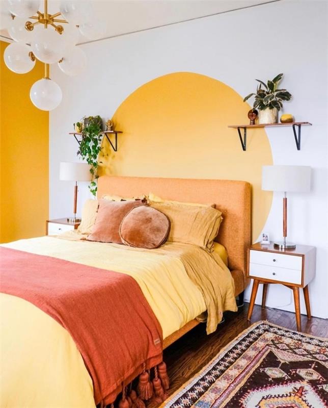 stensko poslikavo za spalnico dekor spalnice boho šik sodobna preproga etnični vzorci stenska plošča barva sonca rumena cheddar