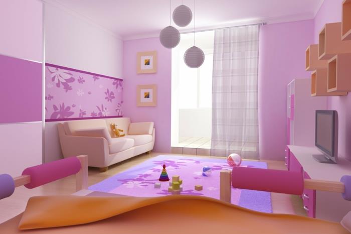 okras za spalnico najstnice v roza barvi, fuksiji in breskvi, oranžne police na omaricah, tri bele kroglične svetilke v beli lepenki v obliki luči, kavč v krem ​​barvi