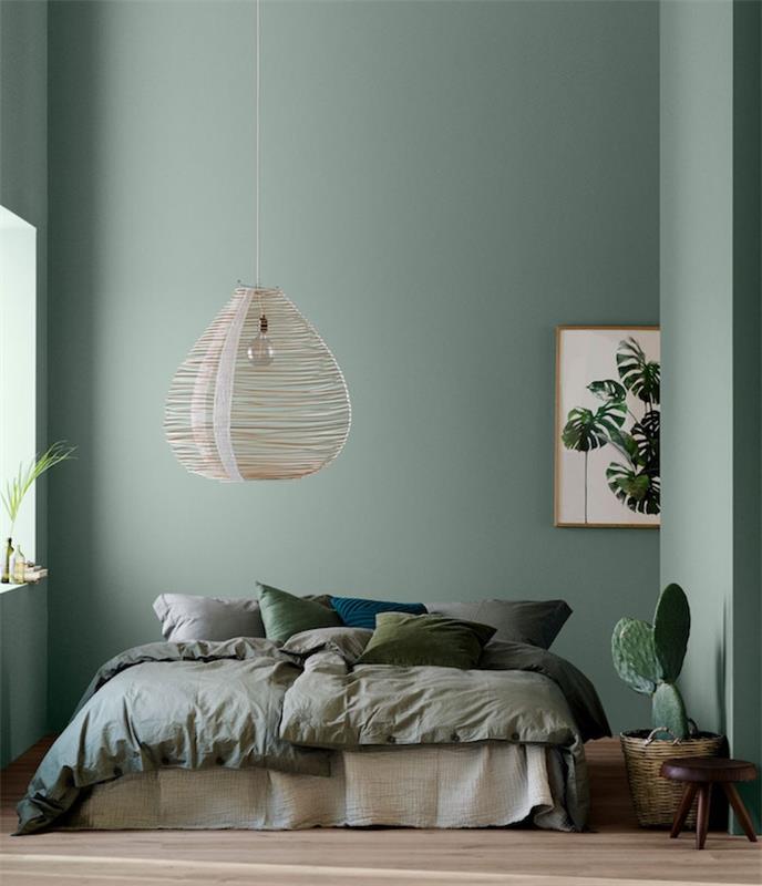zelena celadon modra, siva, zelena in modra posteljnina, originalna eksotična svetilka, svetel parket