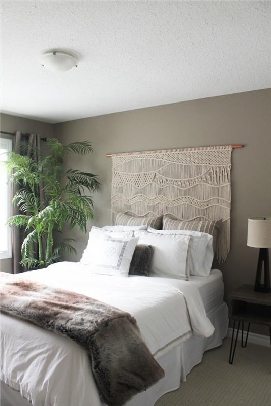 trendy yatak odası duvar boyası makrome düğüm süspansiyon pamuk bej palmiye ağacı iç siyah ve beyaz başucu lambası