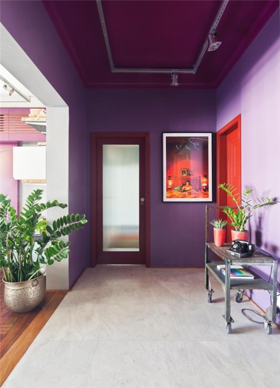 elegantna dekoracija hodnika z vijolično pobarvanimi stenami in rdečimi poudarki na vratih in okvirjih, ki gledajo na vijolično dnevno sobo