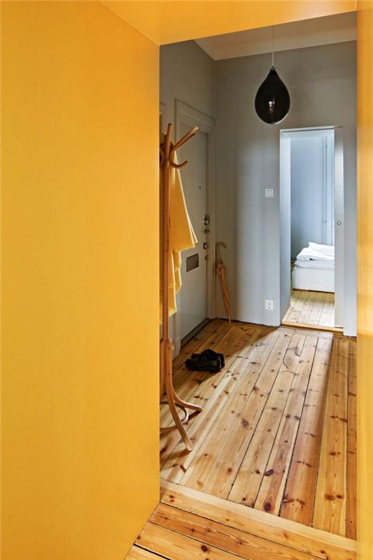 ideja za slikanje hodnika in vhoda v sivi in ​​rumeni barvni dekoraciji v predsobi