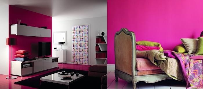 okrasni predmet, dnevna soba z belimi stenami in malinovimi tlemi, sodobna postavitev dnevne sobe, spalnica s temno rožnatimi stenami