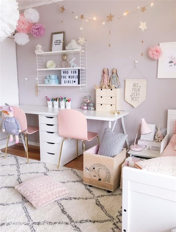 toz pembe duvar boyası çiçekler krep kağıt diy tavan dekoru genç kız 12 yaşındaki beyaz masa çekmeceleri