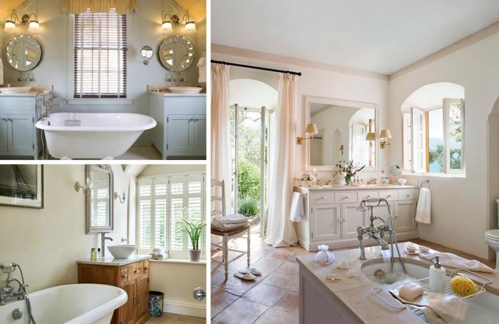 vonios sienų tapyba laisvai stovinti vonia apvalus veidrodis kaimiški mediniai baldai