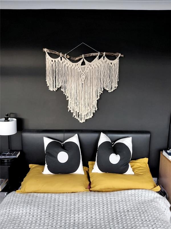 modaya uygun duvar boyası siyah duvarlar yatak odası küçük alan kendin yap başlık pamuk ip dalgaların karaya attığı odun beyaz başucu lambası