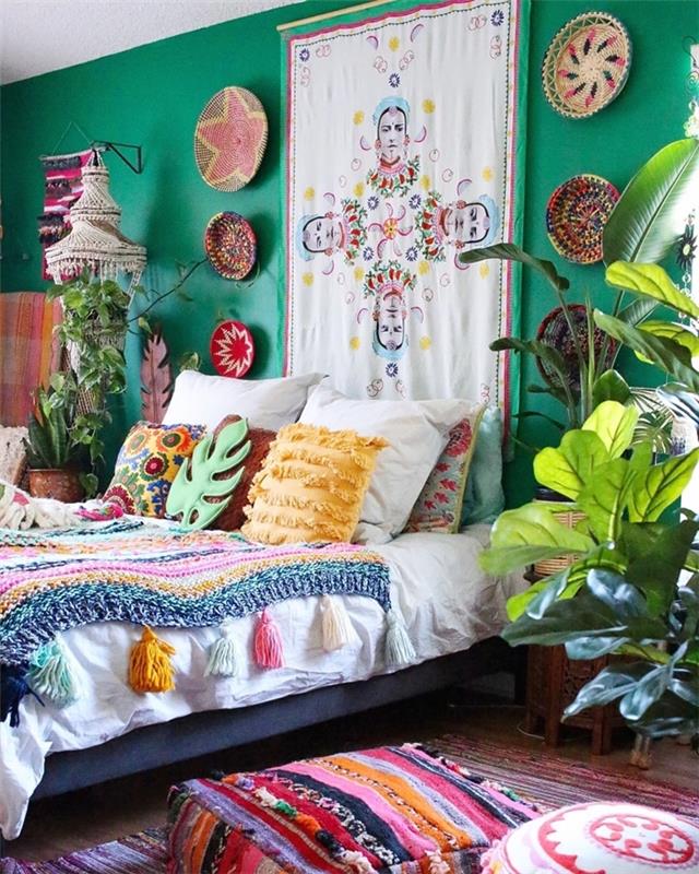 turkuaz duvar tablosu duvar asılı dekor etnik şık yatak odası dekoratif yastıklar sepet pom poms bitkiler