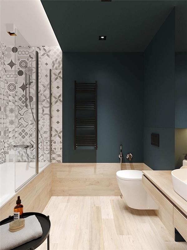 koyu yeşil duvar boyası iç tasarım modern tarz banyo küveti ve duş taklit ahşap fayans