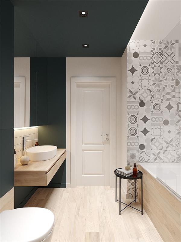 mat siyah boya led spot ışık ahşap taklit kiremit tavan asma klozet modern banyo dekor