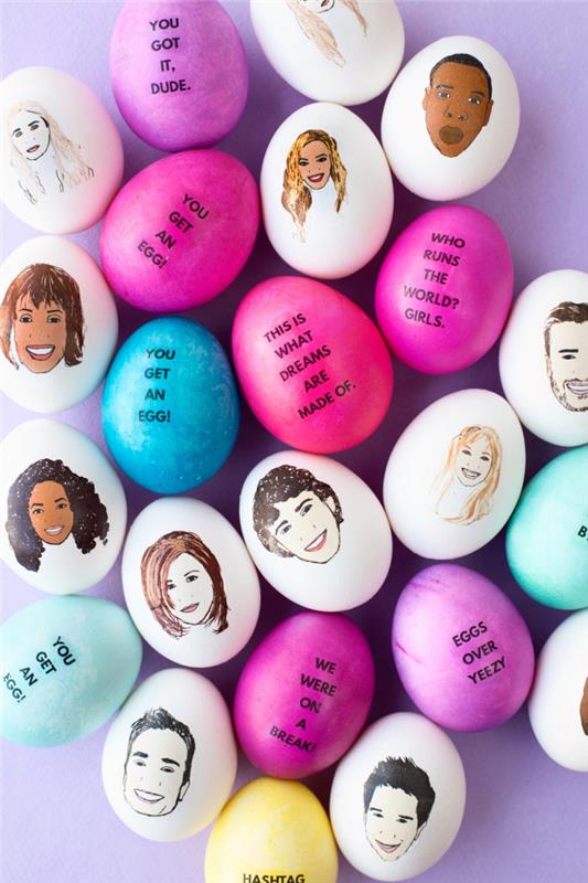 ünlü çıkartma tasarımı ve ilham verici kelimelerle dekore edilmiş yumurtalarla paskalya partisi, paskalya yumurtaları için orijinal dekoratif şablon