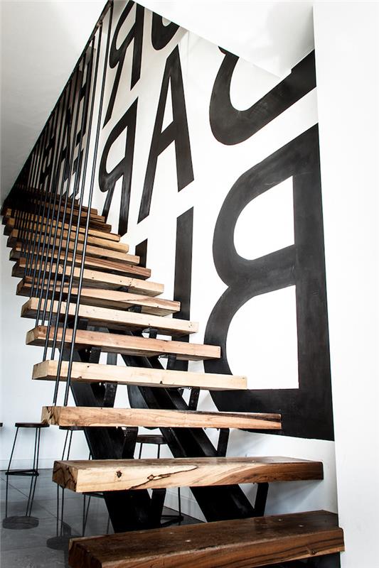 slika za lesene stopnice navpična kovinska ograja belo pobarvana stena z nalepkami